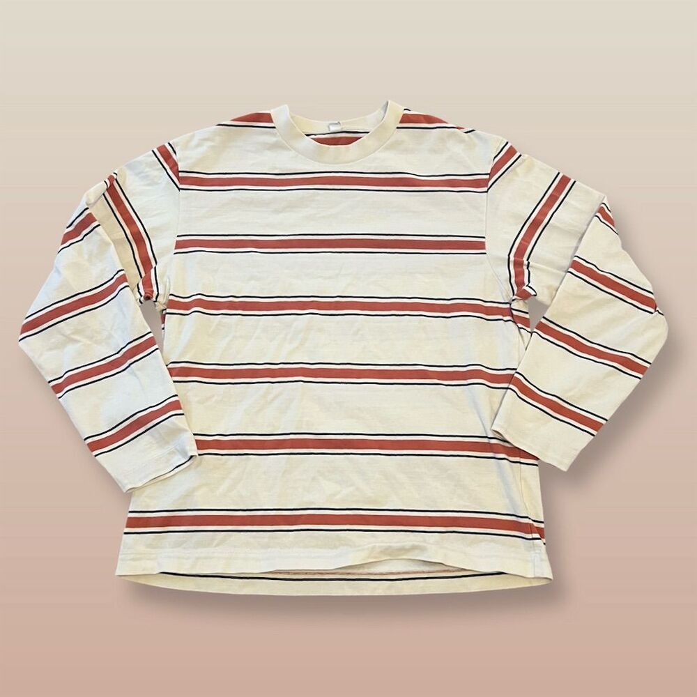 Uniqlo Men's Striped Long Sleeve T-Shirt Red Size S Crew Neck